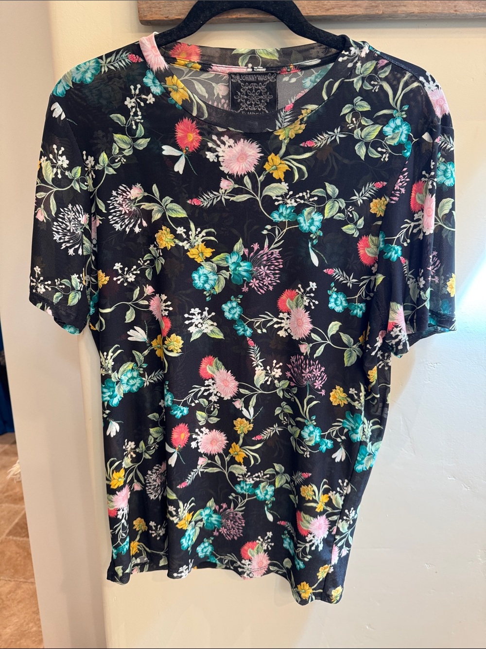 Johnny Was XL Black Floral Mesh Top with Teal, Pink & Yellow Print